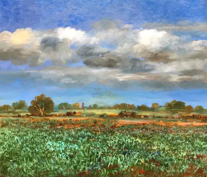 Painting titled "Landscape" by Vagharshak Abrahamyan, Original Artwork, Oil Mounted on Wood Panel