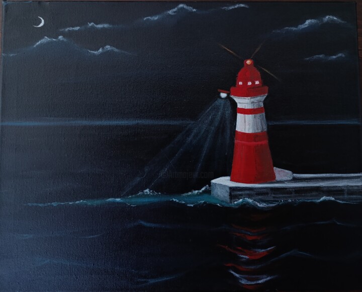 Painting titled "Ciel nocturne, phar…" by Y.Oranzh, Original Artwork, Acrylic Mounted on Wood Stretcher frame
