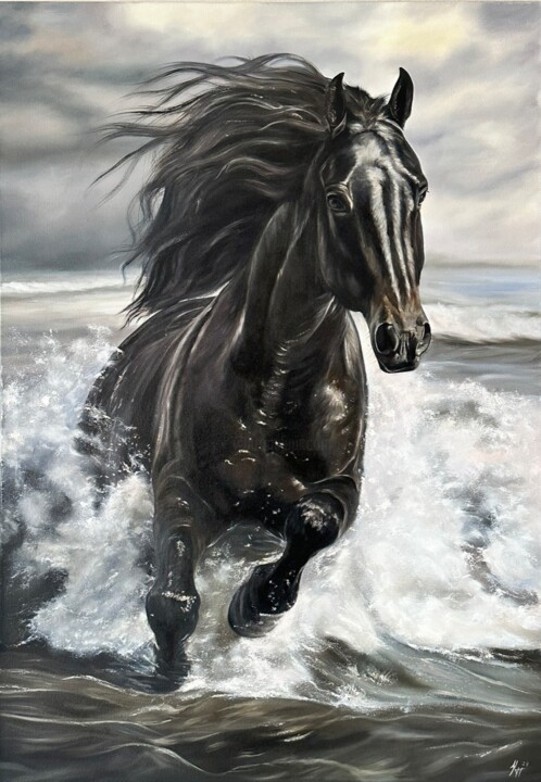 Painting titled "“Horse in water”" by Kateryna Ponomarenko, Original Artwork, Oil Mounted on Wood Stretcher frame