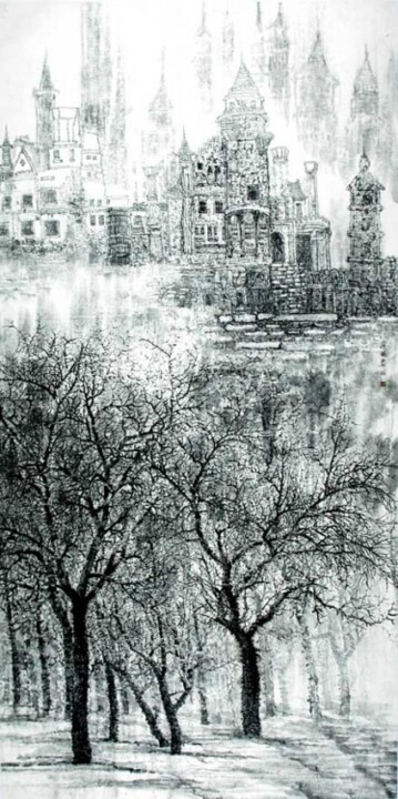 Painting titled "张东林城市山水画作品：雨后小城" by Dong Lin Zhang, Original Artwork, Oil