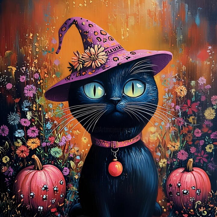 Halloween Cute Witch Cat with Pumpkins & Flowers 数字艺术