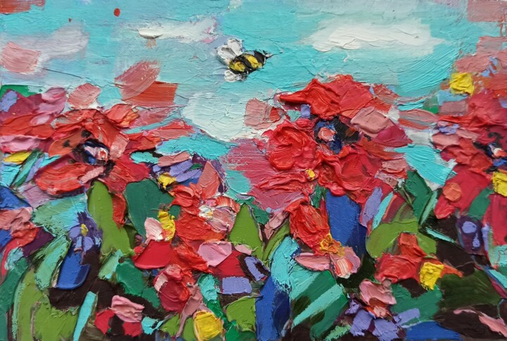 Poppy Painting, Flowers Tuscany Original, Landscape Artwork 绘画, 3.9x5.9 in