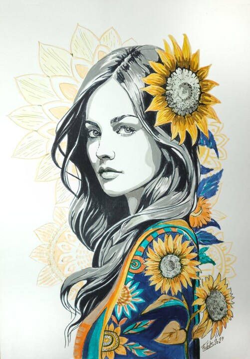 Schöne Frau. Grafik. 绘画, 16.5x11.7 in