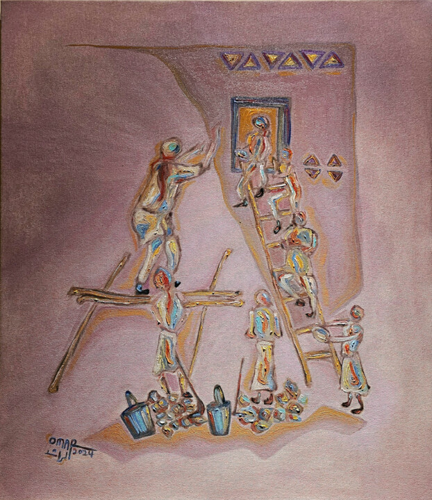 Painting titled "Building Houses" by Omar Yousef Alrashed, Original Artwork, Oil