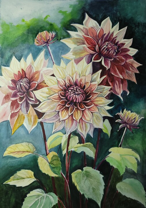 Dahlie. Pittura, 16,5x11,7 in