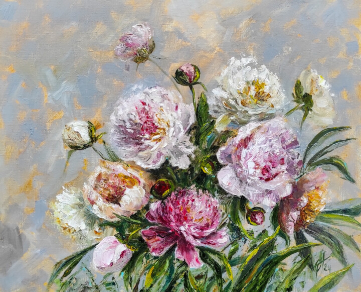 "Peonies and sunbeam…" başlıklı Tablo Olga Ponomarenko tarafından, Orijinal sanat, Petrol Ahşap Sedye çerçevesi üzerine mont…