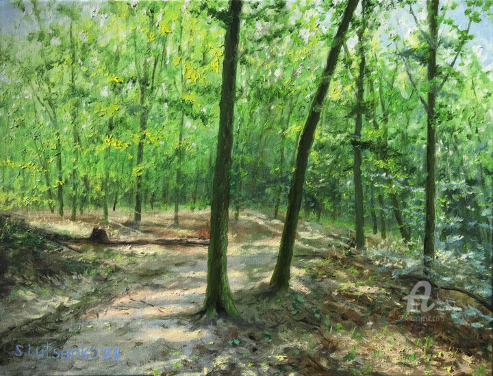 Schilderij getiteld "Sunny Forest" door Sergey Lutsenko, Origineel Kunstwerk, Olie Gemonteerd op Frame voor houten brancard