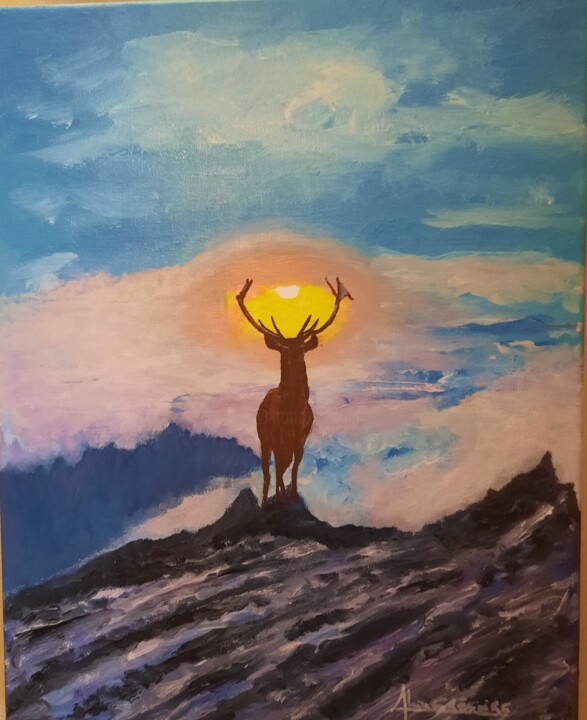 Cerf en montagne 绘画, 15.8x11.8 in