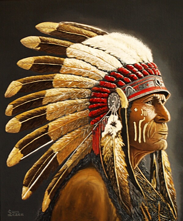 Peinture intitulée "Vieux chef apache" par Jean-Yves Saint Lezer, Œuvre d'art originale, Huile