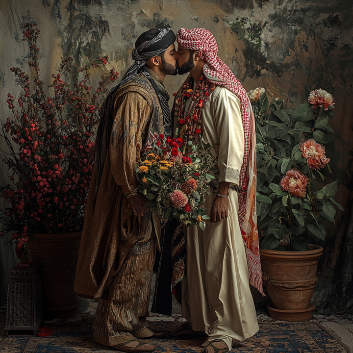 Digital Arts titled "الأزواج تقبيل معرض…" by Raphael Perez, Original Artwork, AI generated image