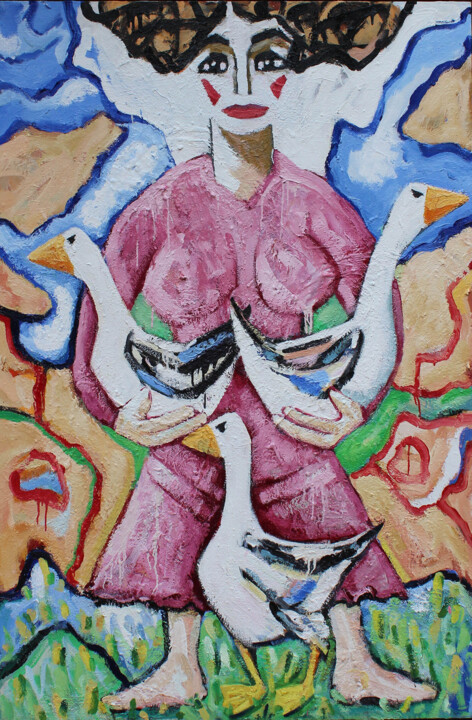 Mujer con sus ocas - Woman with her geese 绘画, 76.8x51.2 in