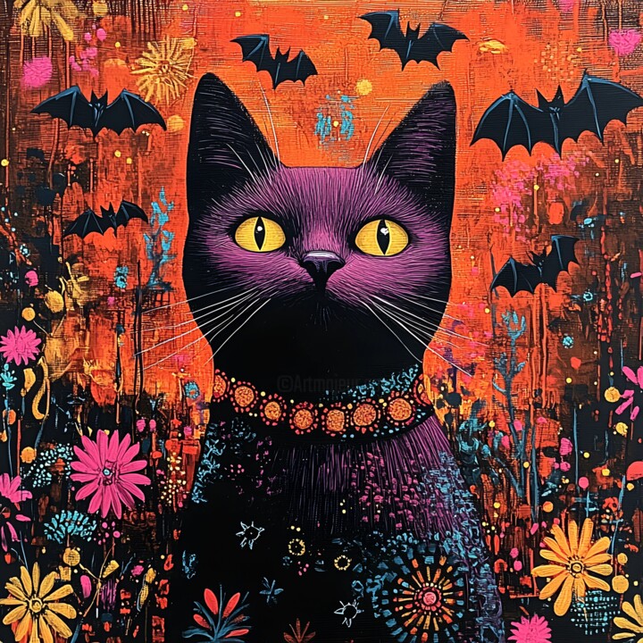 Cute Black Cat Gothic Halloween Art 数字艺术