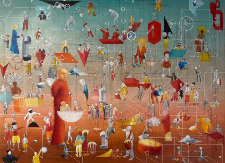 Schilderij getiteld "Jeroen en de commun…" door Raymond Bakker, Origineel Kunstwerk, Olie Gemonteerd op Andere stijve panelen