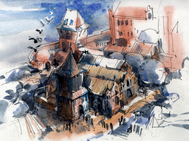 Painting titled "Malbork. Church." by Ilona Burbona, Original Artwork, Watercolor