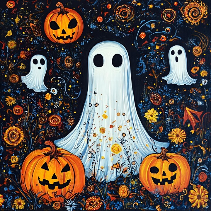 Whimsical Folk Art Ghost Surrounded by Pumpkins and Flowers 数字艺术