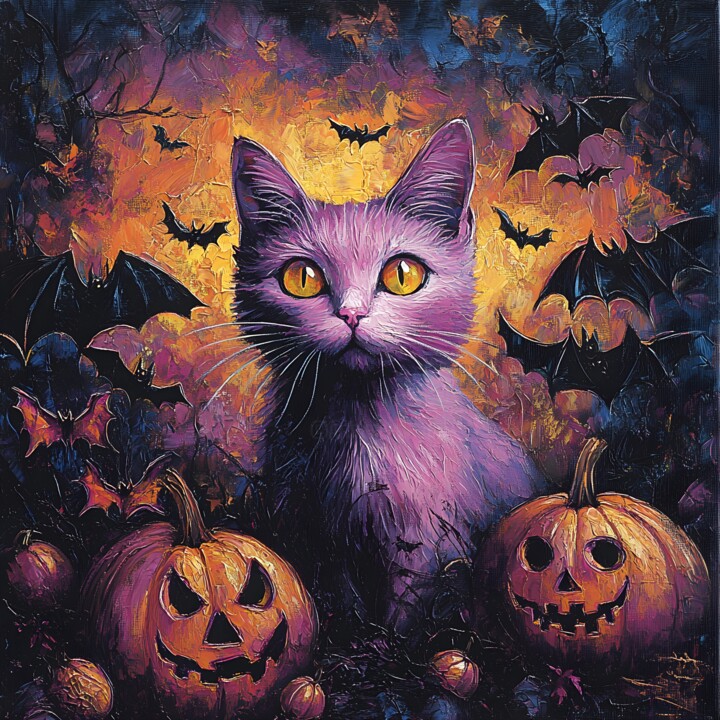 Cute Purple Cat Halloween Digital Art with Pumpkins & Bats 数字艺术