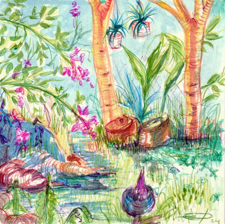 Dessin intitulée "Vue sur jardin 1" par Edith Bos Boyer (EDITH DONC), Œuvre d'art originale, Stylo à bille
