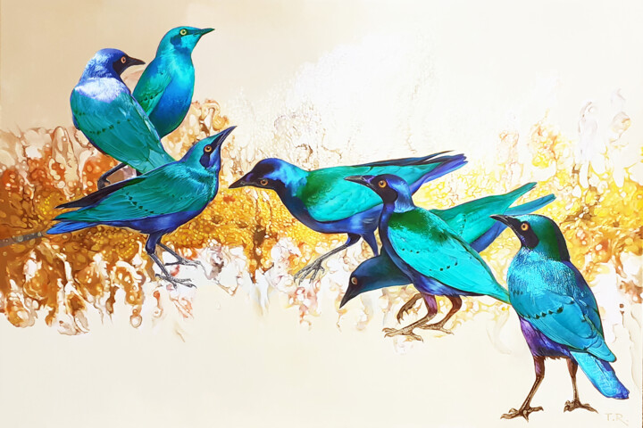 AT THE STREAM / GREATER BLUE-EARED STARLINGS Schilderij, 31,5x47,2 in