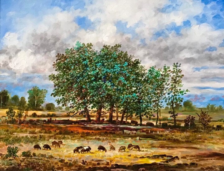 Painting titled "Three trees" by Vagharshak Abrahamyan, Original Artwork, Oil Mounted on Wood Panel