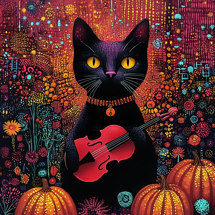 Halloween Black Cat with Violin Digital Painting 数字艺术