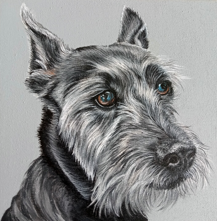 Portrait of a black dog. 绘画, 7.9x7.9 in