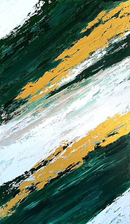 Energy in Motion, geen gold white painting impasto 绘画, 47.2x27.6 in