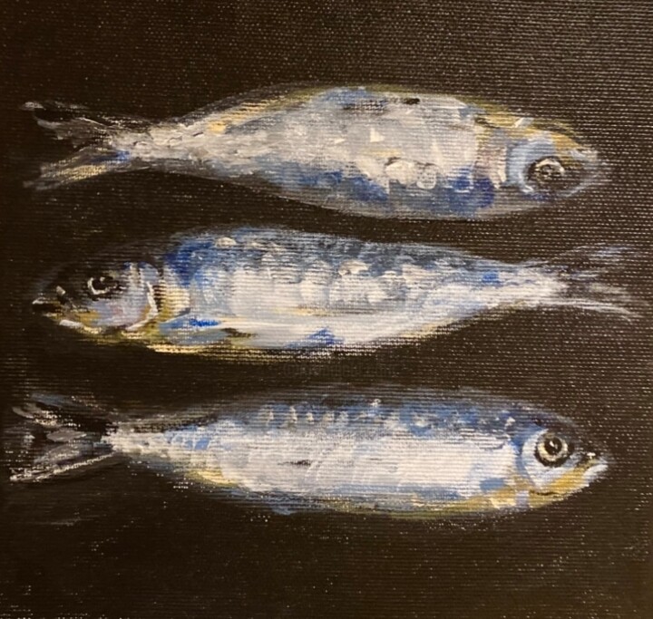 Three Sardines 绘画, 7.9x7.9 in