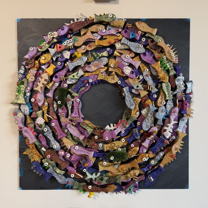 Painting titled "Fish Salad" by Michael Fantozzi, Original Artwork, Acrylic Mounted on Wood Panel