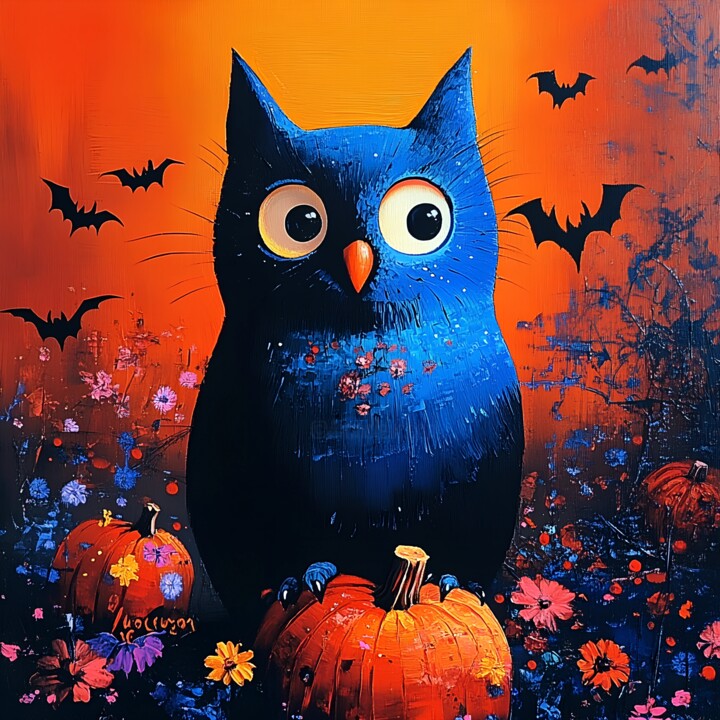 Halloween Blue Owl on Pumpkins with Bats and Flowers 数字艺术