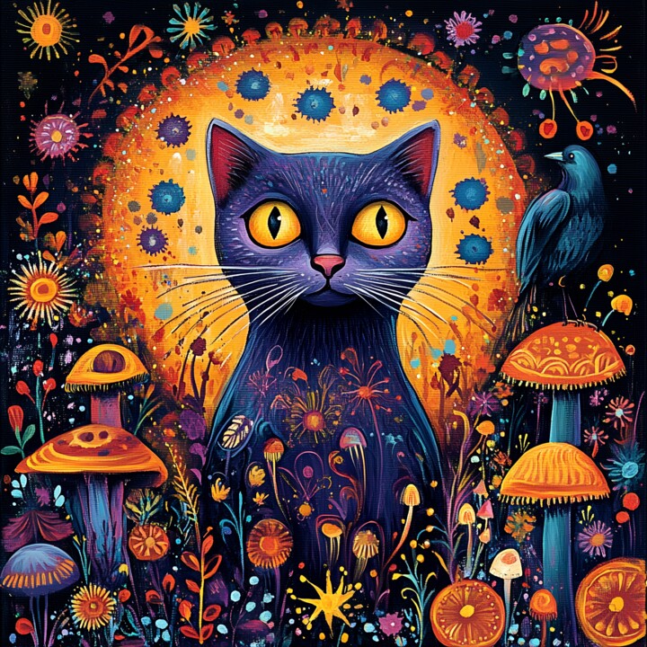 Psychedelic Halloween Black Cat Fantasy 数字艺术