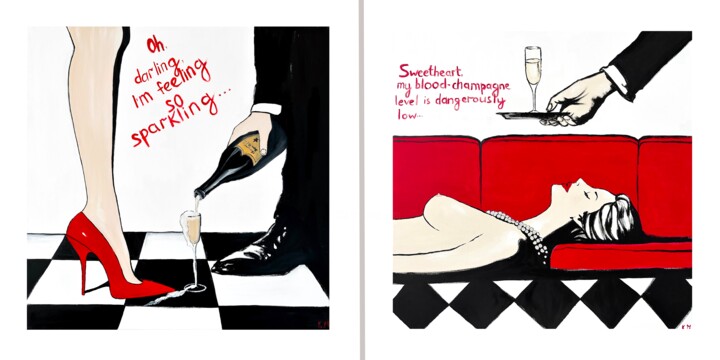 Diptych: Urgent Champagne (Giclée Print) Prenten & gravures, 18,5x37 in