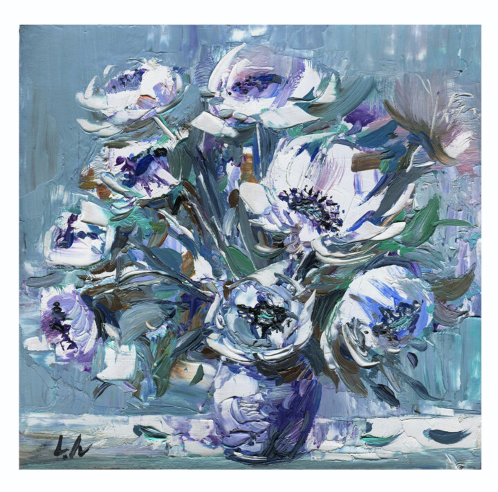 ""Blue Flowers"" başlıklı Tablo Elen Iv tarafından, Orijinal sanat, Petrol