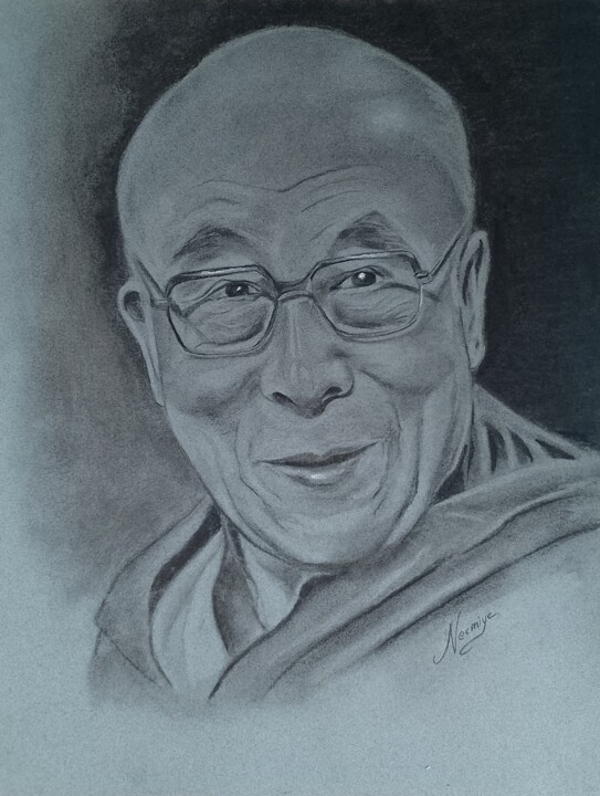 Dessin intitulée "Portrait de Dalaï L…" par Necmiye, Œuvre d'art originale, Fusain