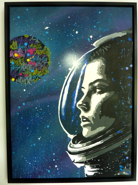 Peinture intitulée "Astro" par Saname, Œuvre d'art originale, Bombe aérosol Monté sur Châssis en bois