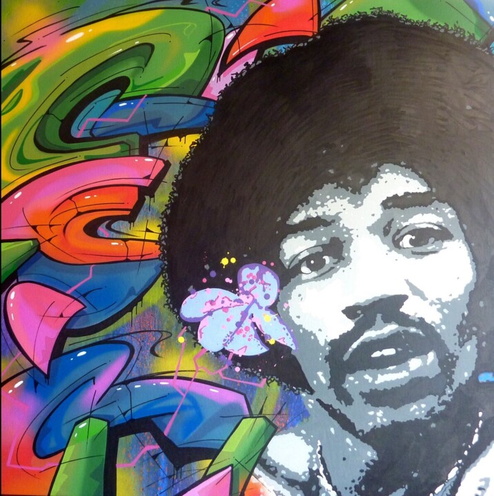 Peinture intitulée "Jimi" par Saname, Œuvre d'art originale, Bombe aérosol Monté sur Châssis en bois