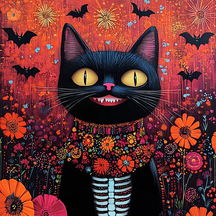 Halloween Black Cat with Skeleton & Colorful Flowers 数字艺术
