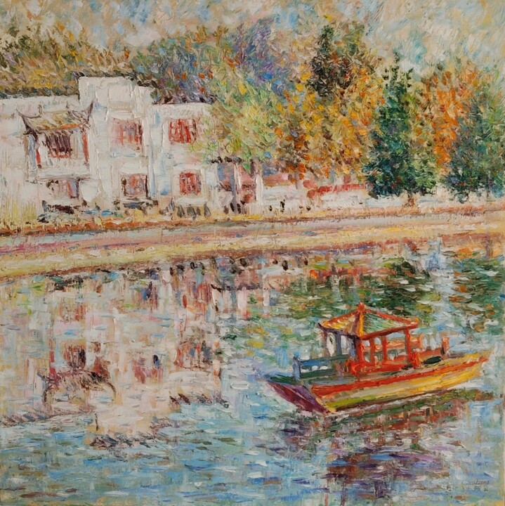 Pittura intitolato "The Red Boat" da Guo Zhang, Opera d'arte originale, Tempera