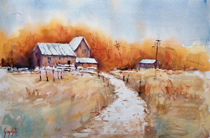Peinture intitulée "countryside landsca…" par Giorgio Gosti, Œuvre d'art originale, Aquarelle
