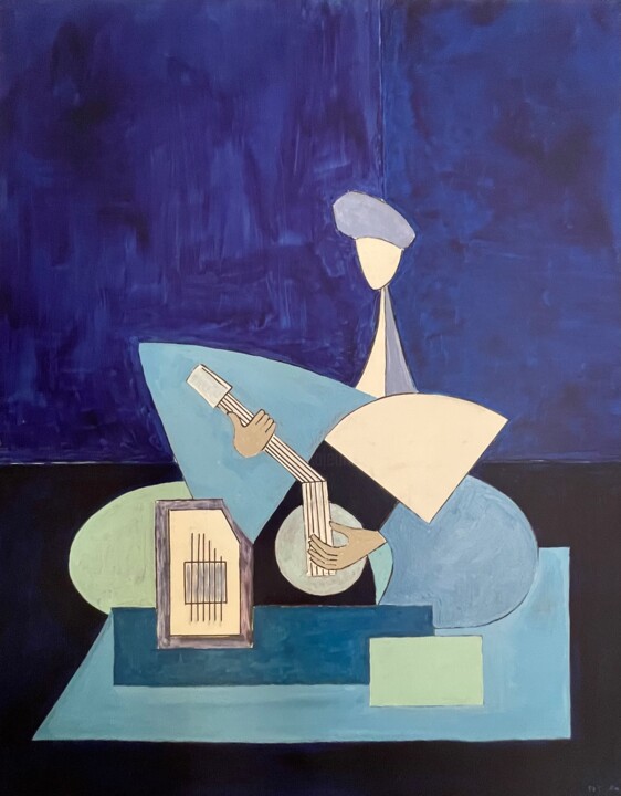 Sitarist in Blue Cubist tone 绘画, 39.4x31.5 in