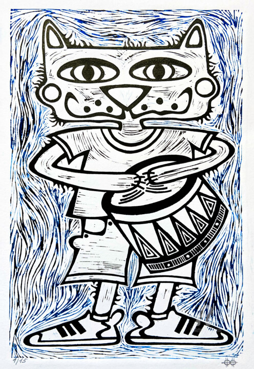 Сat with drum 印花与版画, 15x11 in