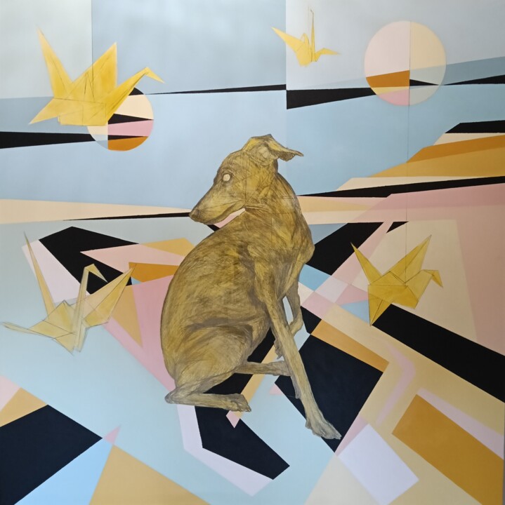Painting titled "DOG FANTASY" by África Gil, Original Artwork, Acrylic Mounted on Wood Stretcher frame