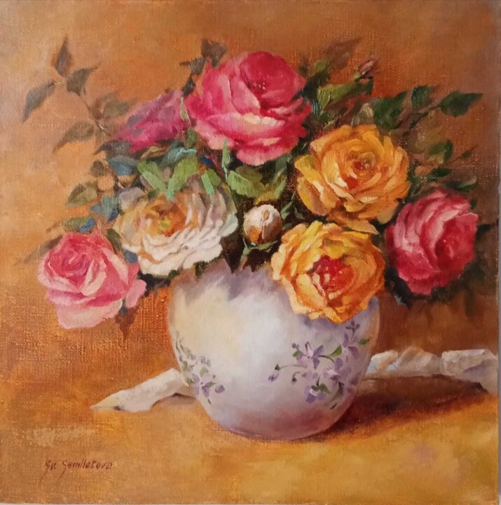 Yellow and pink roses. Bouquet in a ceramic vase. Картина, 12x12 in