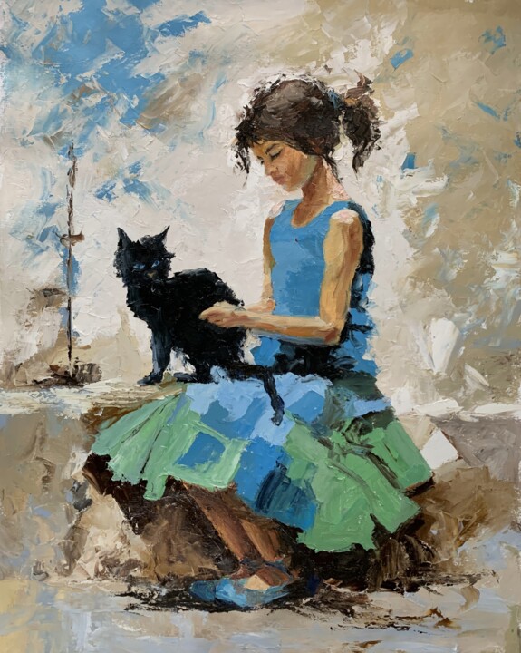 Tender Companionship. Girl with a black cat. Tablo, 35,4x27,6 in