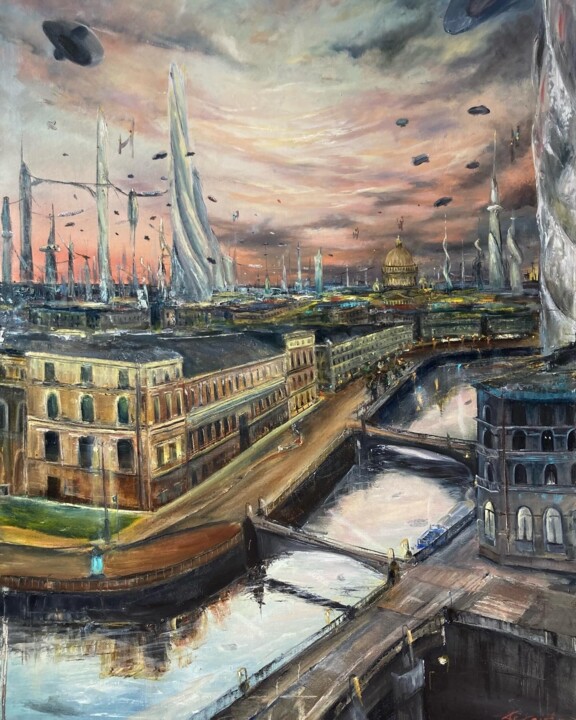 Вечерние мотивы Петербурга будущего 绘画, 35.4x27.6 in