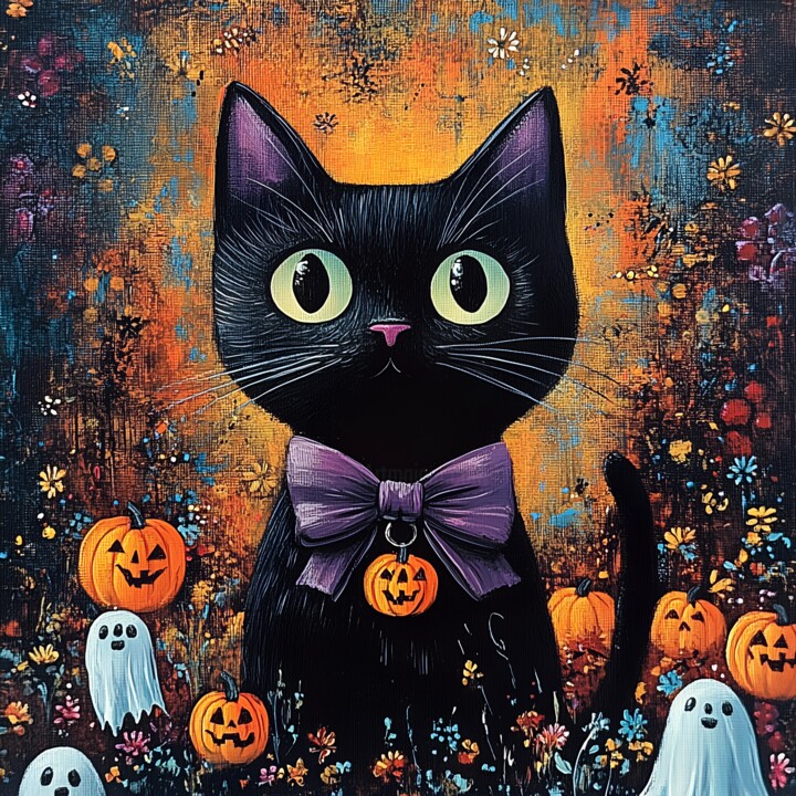 Cute Black Cat with Purple Bow Halloween Digital Painting 数字艺术
