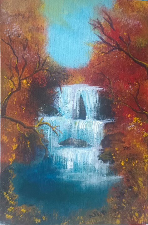 autumn landscape waterfall 图画, 11.8x7.9 in