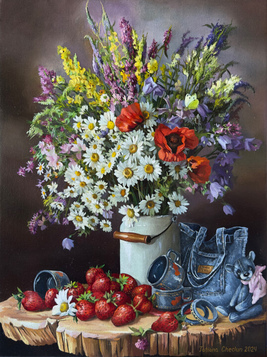 Still Life with Wildflower Bouquet and Denim Accents Картина, 15,8x11,8 in