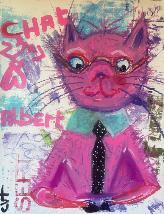 Les vacances Mouillées d’Albert le chat rose 绘画, 25.6x19.7 in