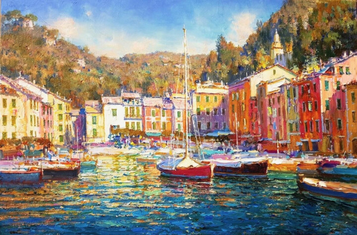 Painting titled "City pier." by Lara Vald, Original Artwork, Oil Mounted on Wood Stretcher frame