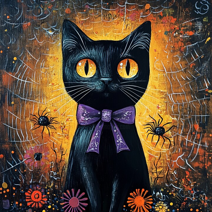 HalloweenCute Cat Art with Purple Bow, Spider Webs & Flowers 数字艺术